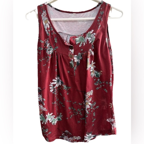 Vibrant Red Floral Tank Top with Ruched Neckline - Picture 1 of 4